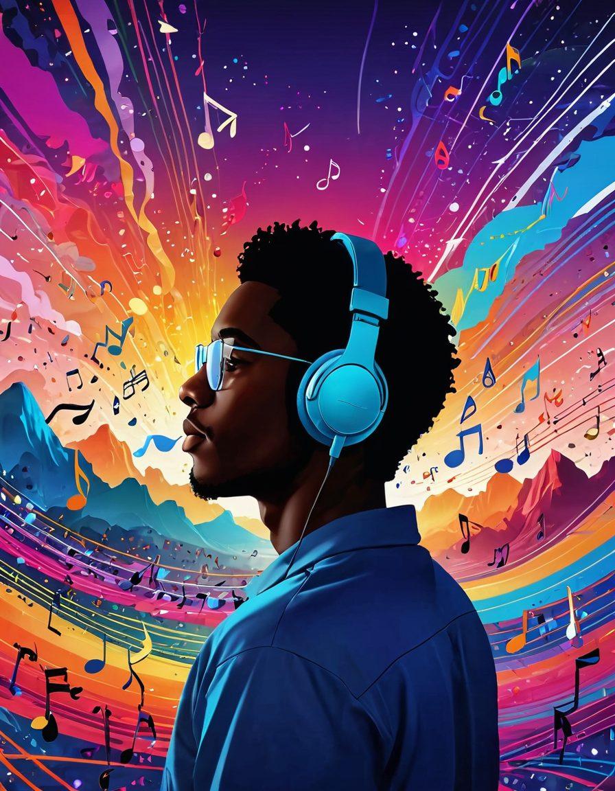 A vibrant scene depicting a person immersed in audiovisual experiences, surrounded by colorful musical notes and soundwaves flowing in the air. Visual elements blend animations of uplifting videos on a screen, contrasting with dreamy landscapes in the background. Include an array of musical instruments artistically arranged around the figure, symbolizing discovery and joy. The atmosphere should feel energetic and inspiring. super-realistic. vibrant colors. dynamic composition.