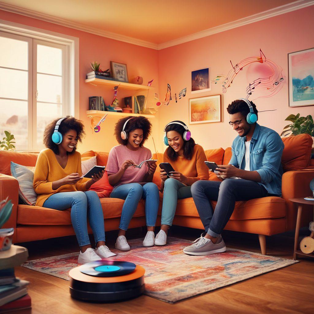 A vibrant and colorful illustration of a diverse group of friends joyfully sharing music through headphones and smartphones in a cozy living room setting. Musical notes and colorful sound waves swirling around them, symbolizing connection and happiness. Soft lighting creates a warm atmosphere, with vinyl records and musical instruments visibly placed around the room. Enhance the scene with playful, dynamic elements to represent the joy of sharing tunes. digital art. vibrant colors.