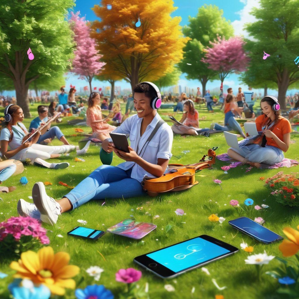 A vibrant scene of diverse people joyfully listening to music on various devices like smartphones and tablets, surrounded by colorful musical notes and instruments in a lively park setting. Add elements of nature like blooming flowers and a bright blue sky to evoke a cheerful atmosphere. Include headphones and soundwaves to enhance the experience. super-realistic. vibrant colors. 3D.